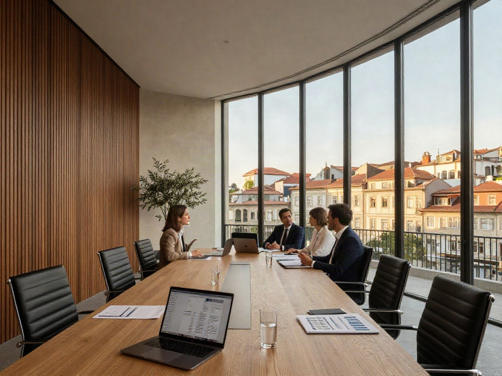 A thoughtful business strategy discussion in a sunlit contemporary Porto meeting room