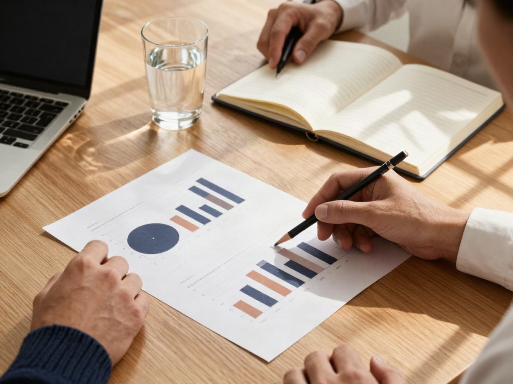 Consultants reviewing performance charts and strategic priorities together at an oak desk